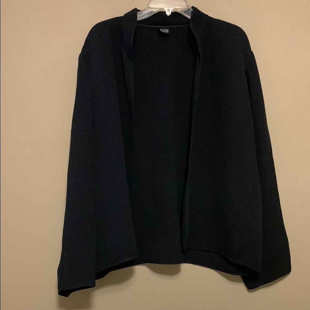 Eileen Fisher Women’s Collar Black Textured Silk Blend Cardigan Large Minimalist